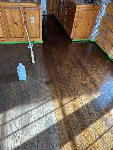 Refinished floor stained oak hardwood.
